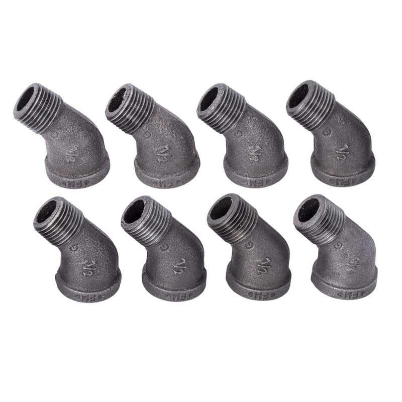 PIPE DECOR 1/2" Street Elbow 45 Degree Fitting, PIPE DECOR Black Malleable Iron Fittings Fit Standard 1/2 Inch Pipes, Nipples and Fittings, Regular Plumbing Applications and Vintage DIY Furniture, 8 Pack - Image 1